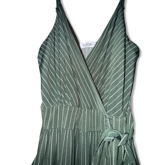 Kaleigh (Kaileigh) Green Striped Wrap Jumpsuit – Tie Waist Wide-Leg - Picture 4 of 8